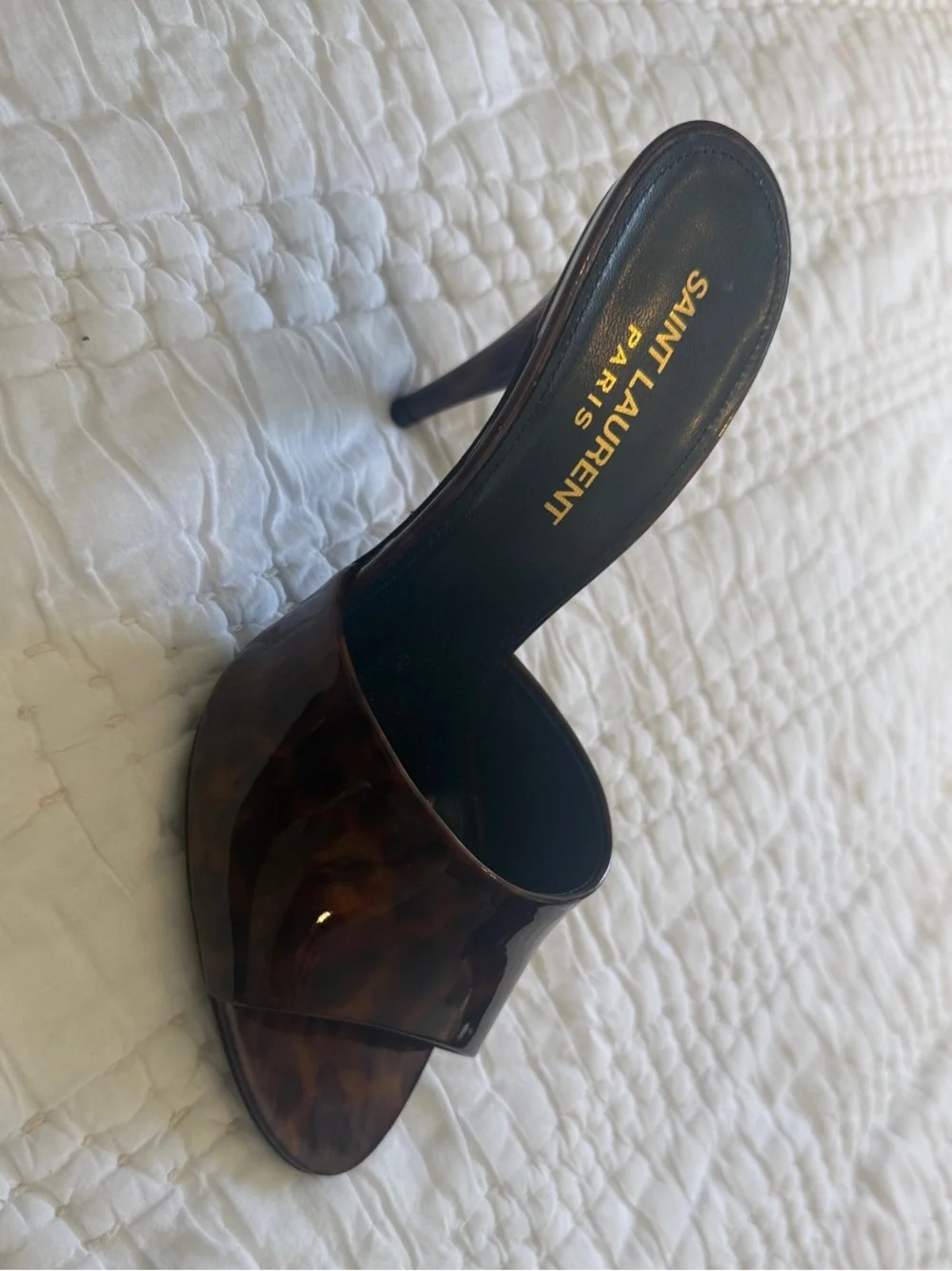 Saint Laurent Tortoise Brown Patent Open-Toe Slides - Picture 5 of 10